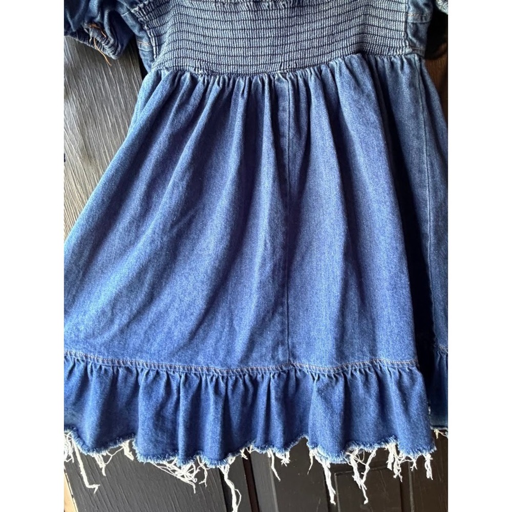 Olivaceous Blue Denim Puff Sleeve Babydoll Mini Dress Frayed Hem Sweetheart Neck - Picture 8 of 10